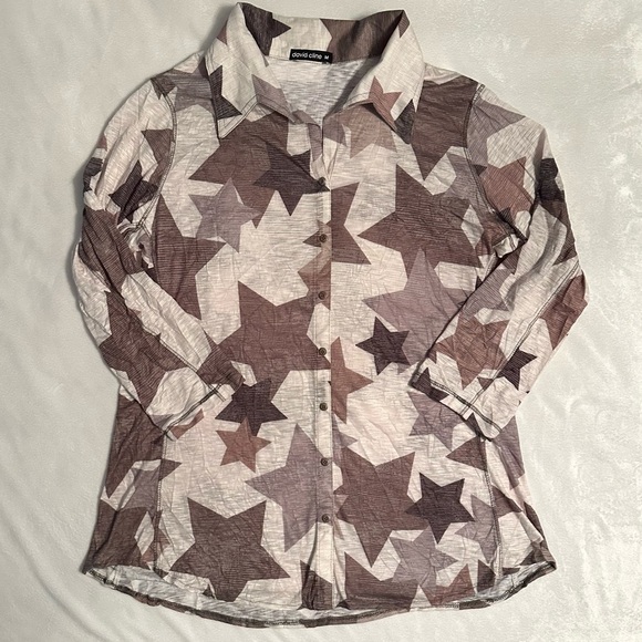 David Cline Sand & Stars Button Up Collar 3/4 Sleeve Top Shirt Blouse M brown - Picture 3 of 8